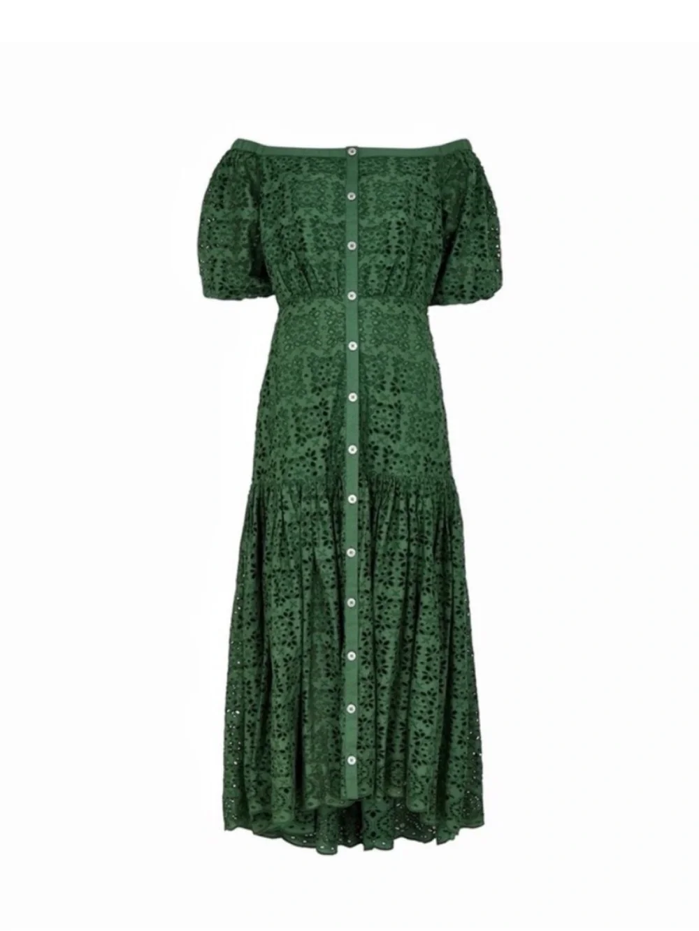 Veronica Beard Forest Green Off-Shoulder Eyelet Midi Dress